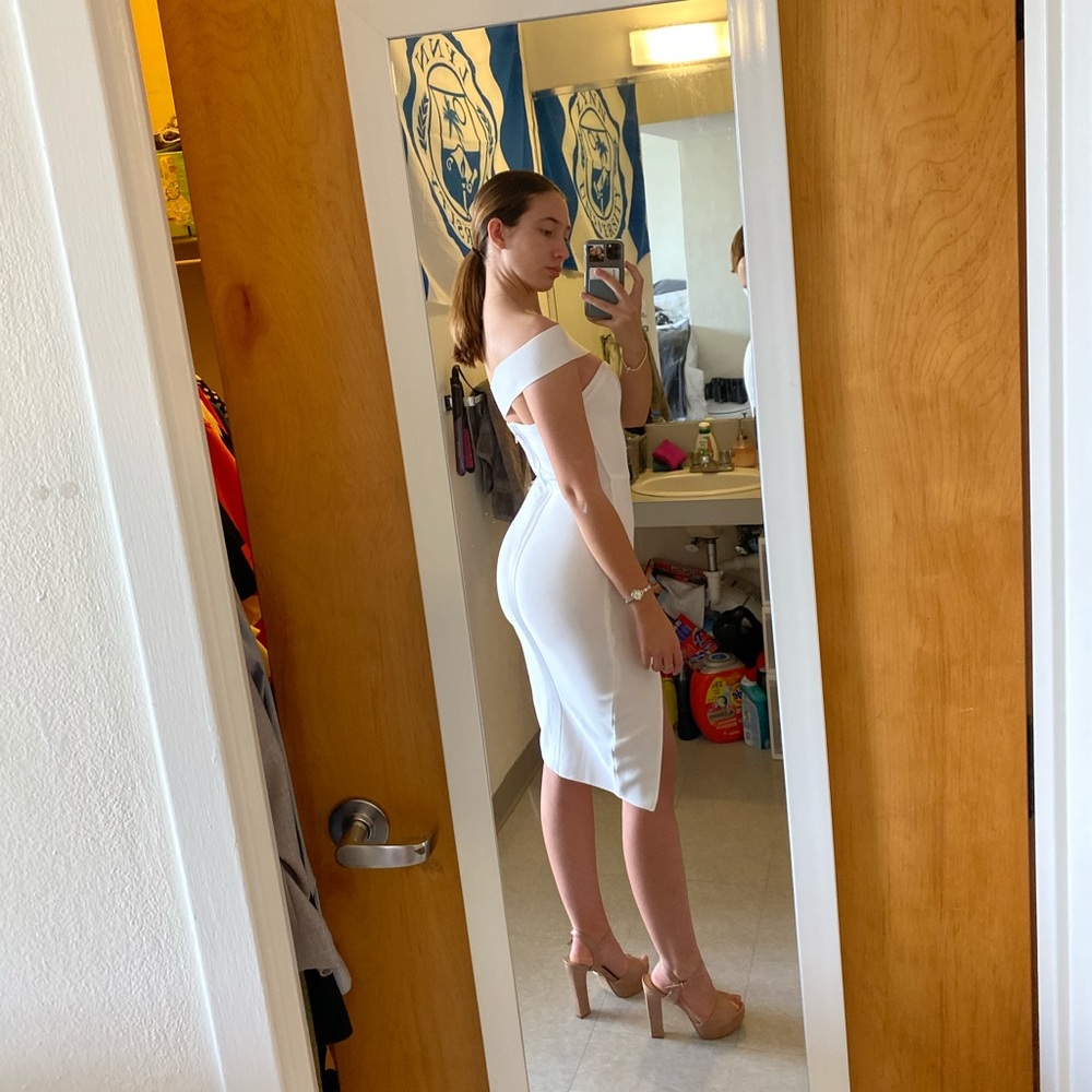 White One Shoulder Split Thigh Pencil Dress - Picture 3 of 4